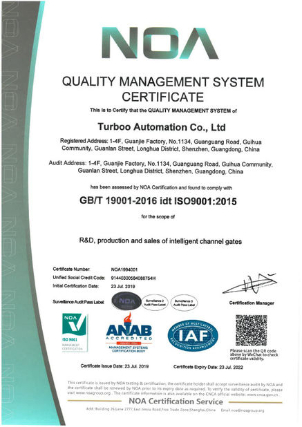 Cina Turboo Automation Co., Ltd Sertifikasi